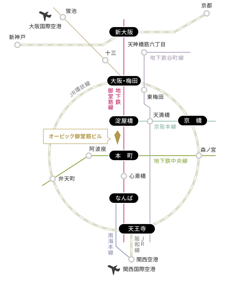 地下鉄御堂筋線 「淀屋橋」駅　徒歩3分 地下鉄御堂筋線・中央線 「本町」駅　徒歩4分 京阪電車　京阪本線 「淀屋橋」駅　徒歩7分